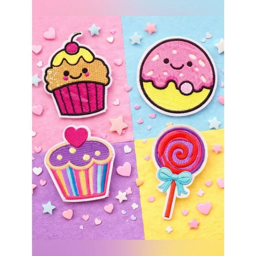 Cute Dessert Iron On Patches Set of 4 – Cupcake, Donut & Candy, NEW